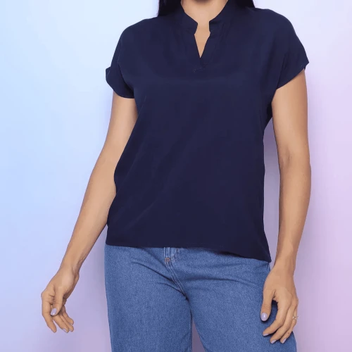 Blusa Feminina de Viscose com Decote em V - Azul Marinho - 3458 