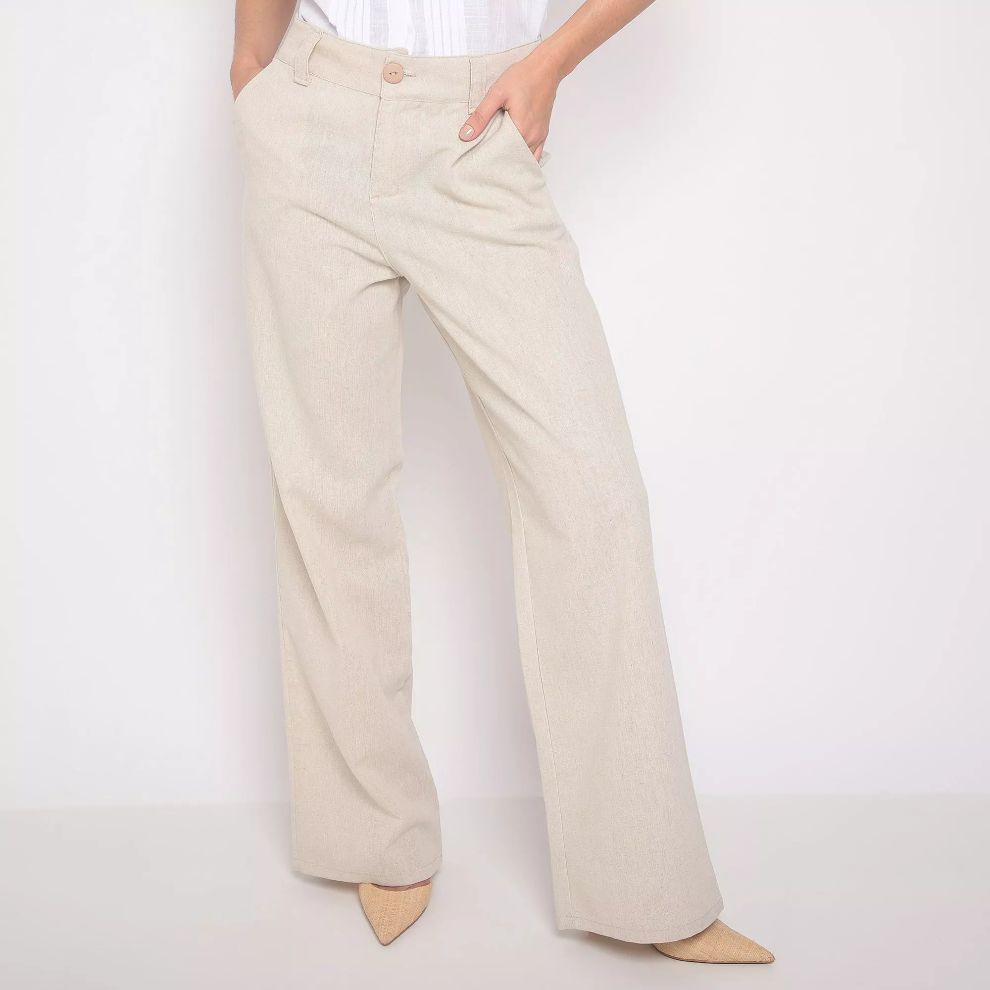 Calça Pantalona de Linho Feminina - Off White - 6150